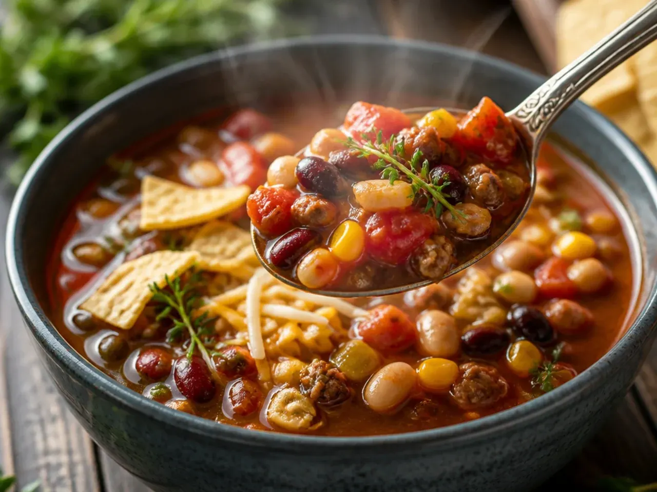 Thick three-bean taco soup in a bowl showing black, pinto and kidney beans