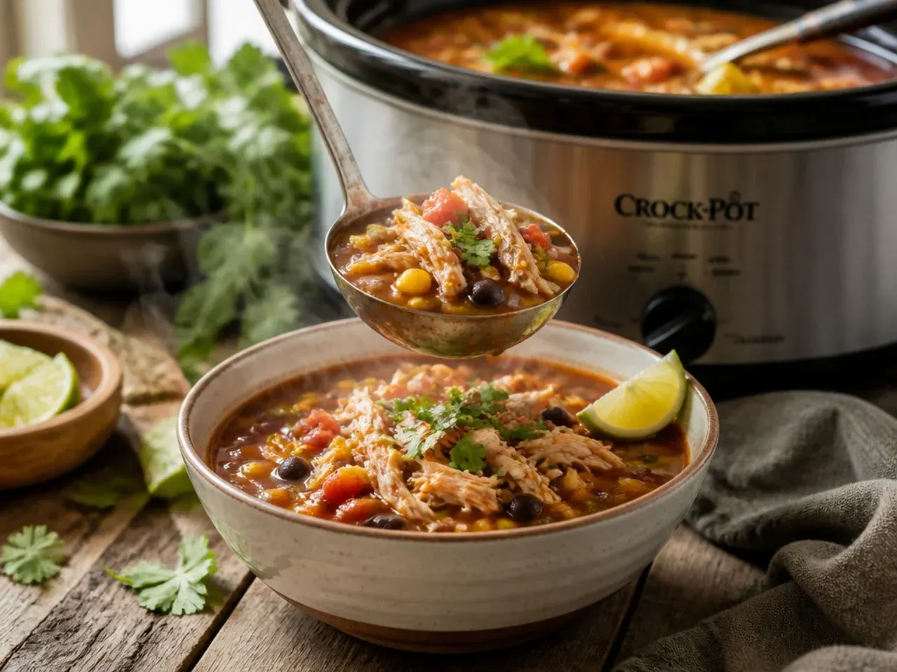 Shredded chicken taco soup in a bowl with coriander and lime