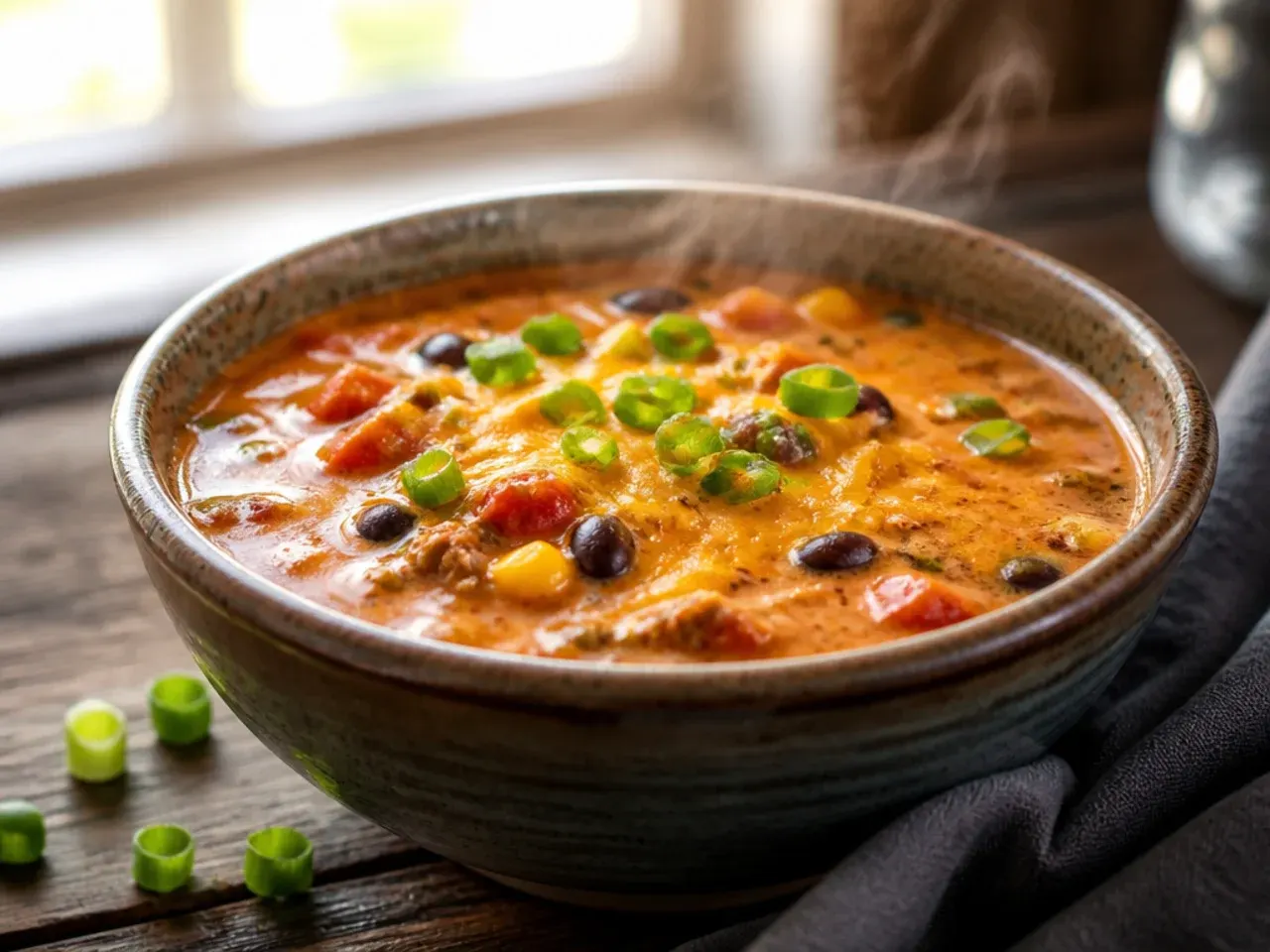 Creamy taco soup swirled with melted cream cheese in a slow cooker