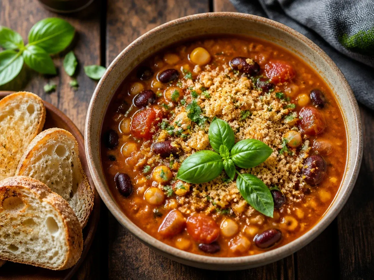 Vegetarian taco soup with beans, peppers and courgette in a bowl