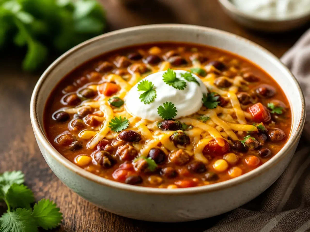 Cheesy taco soup with melted cheddar stirred through the broth