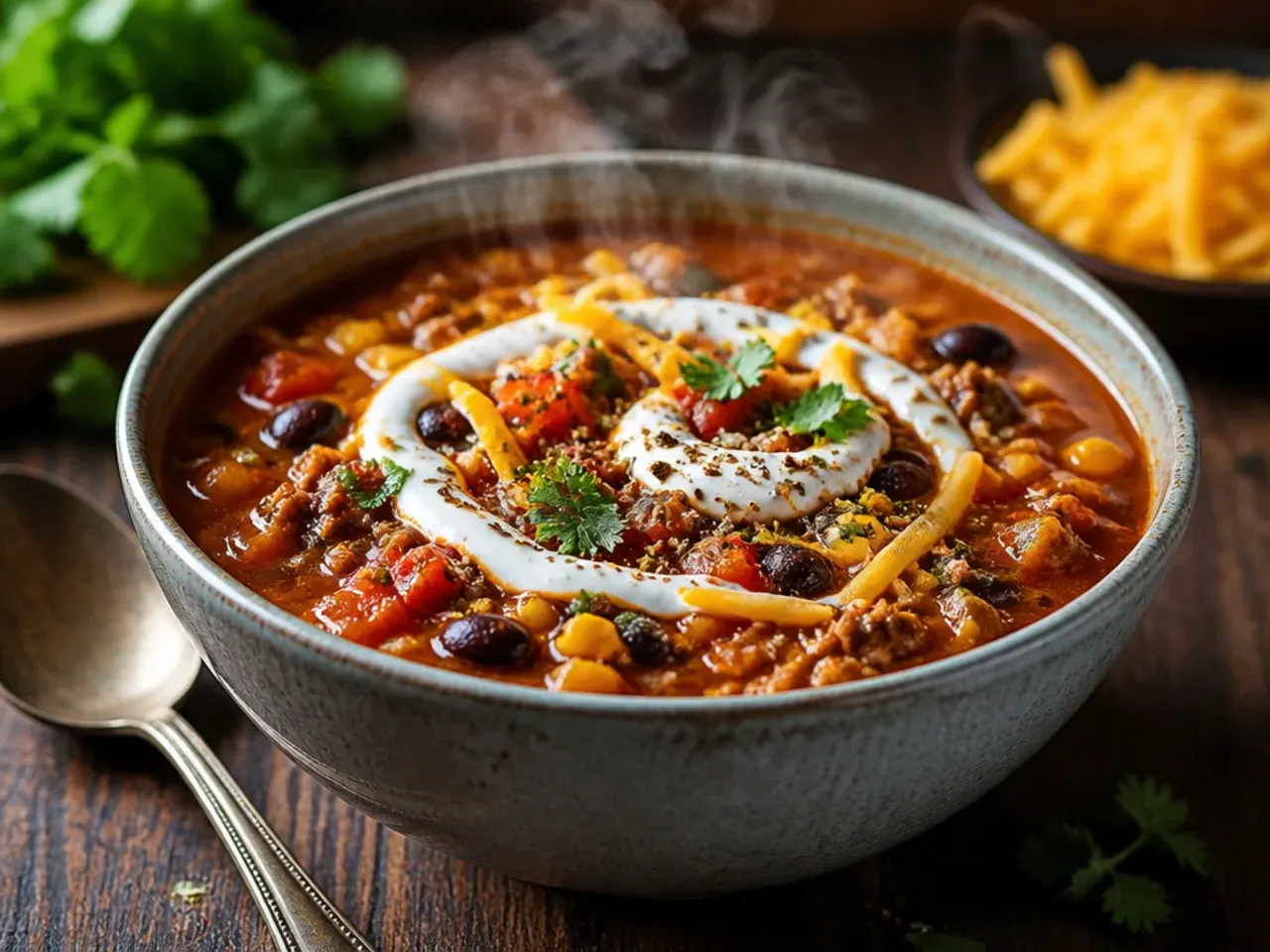 Bowl of turkey taco soup with a rustic wooden spoon