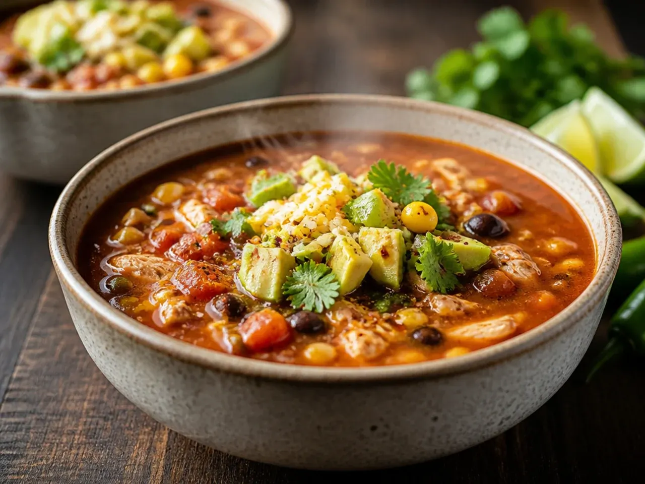 Frozen chicken breasts being added to a slow cooker with taco soup ingredients