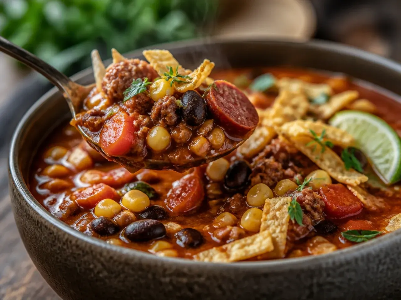 Rustic taco soup with chunks of chorizo floating in a paprika-red broth
