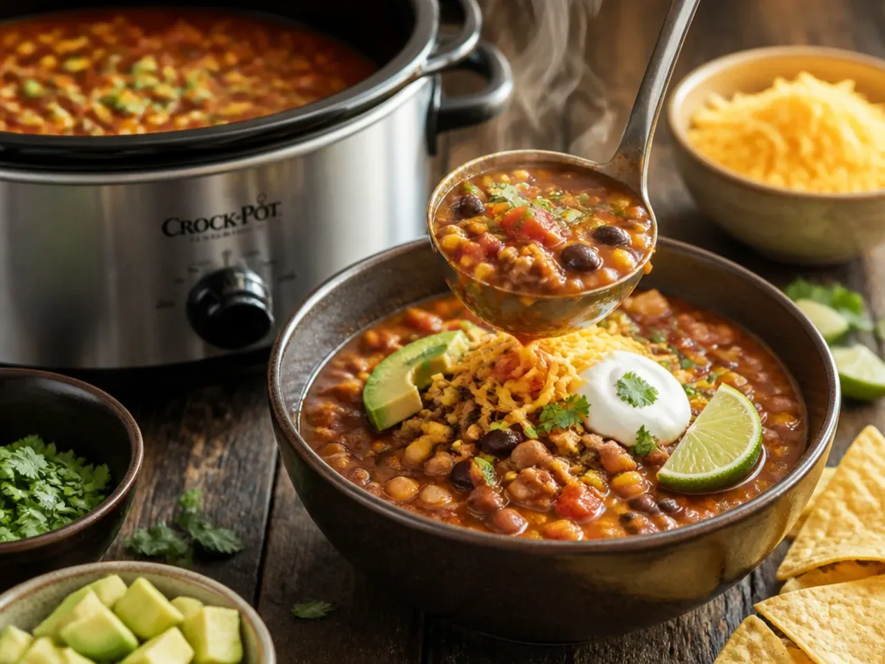 Taco soup toppings bar with small bowls of cheese, avocado, chips and onion