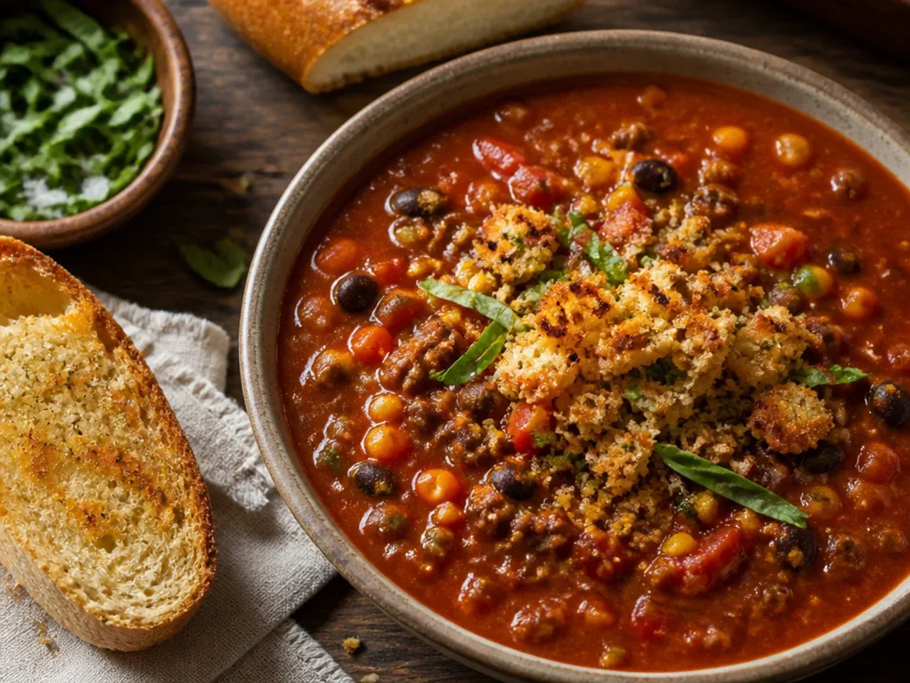 Close-up of deeply simmered taco soup with a rich red-brown broth