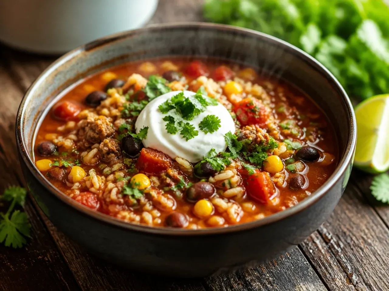 One-pot taco soup with rice served in a deep bowl