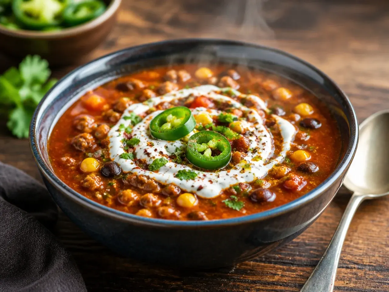 Spicy taco soup topped with fresh jalapeño slices