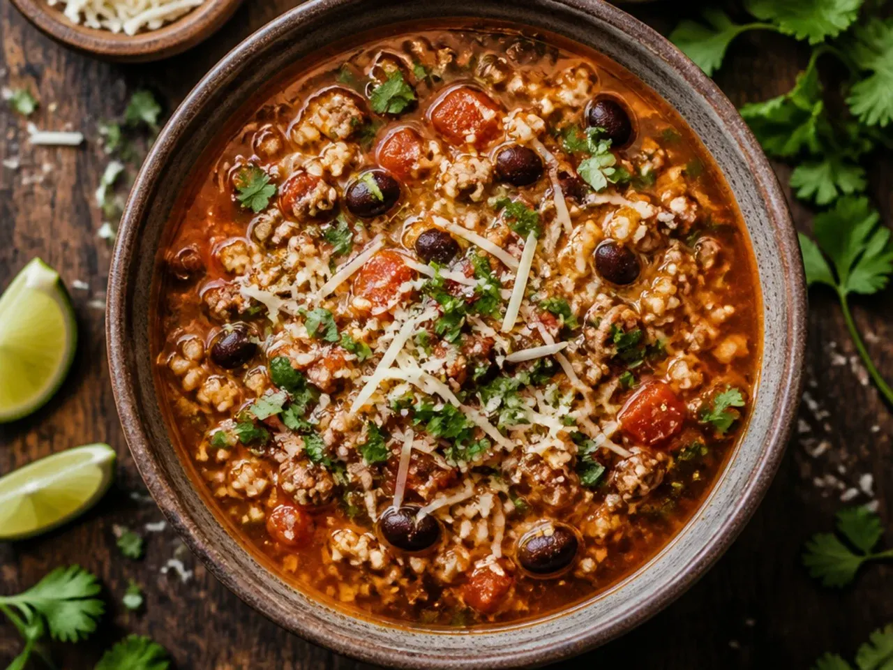 Low-carb taco soup with riced cauliflower and diced peppers