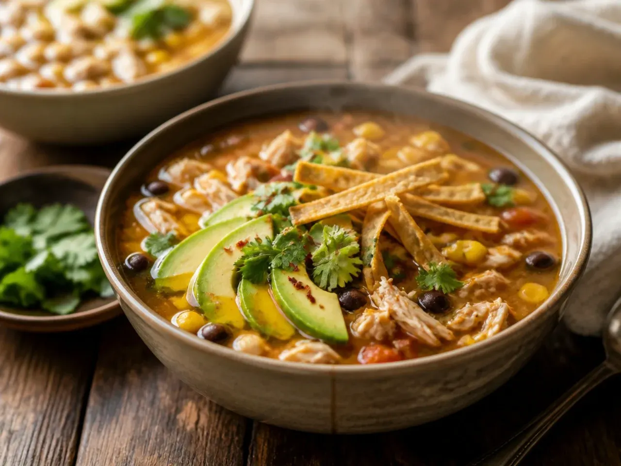 White chicken taco soup with cannellini beans and green chillies