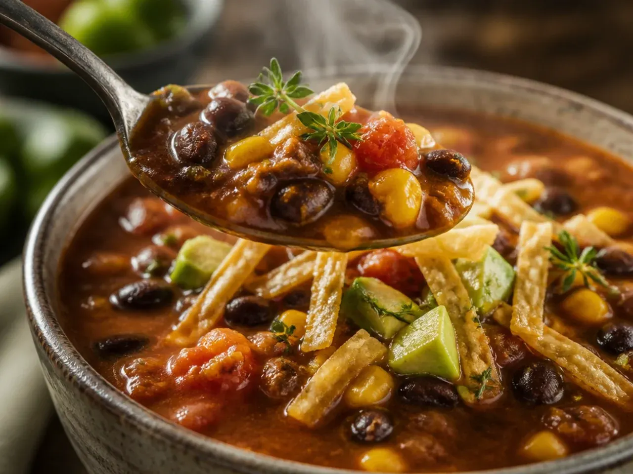 Black bean and corn taco soup with visible whole kernels and beans