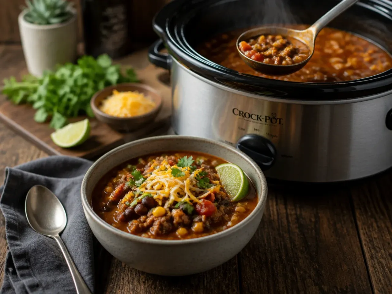 Smoky chipotle taco soup with a deep reddish-brown broth