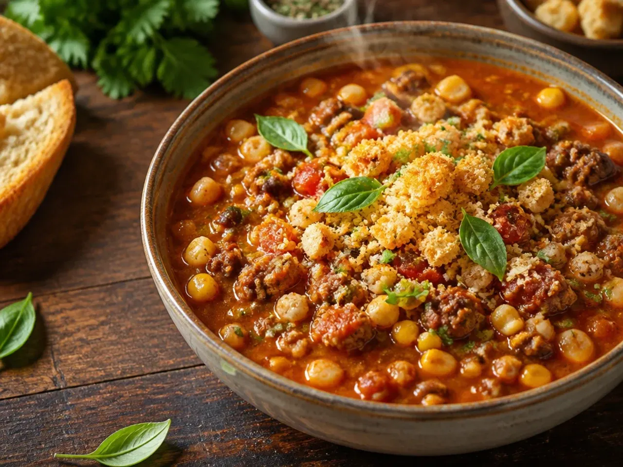 Tex-Mex taco soup with hominy kernels visible in the broth