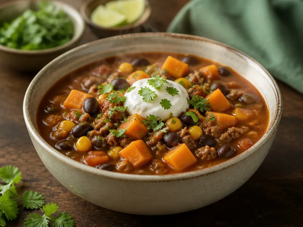 Turkey and sweet potato taco soup with orange cubes of sweet potato