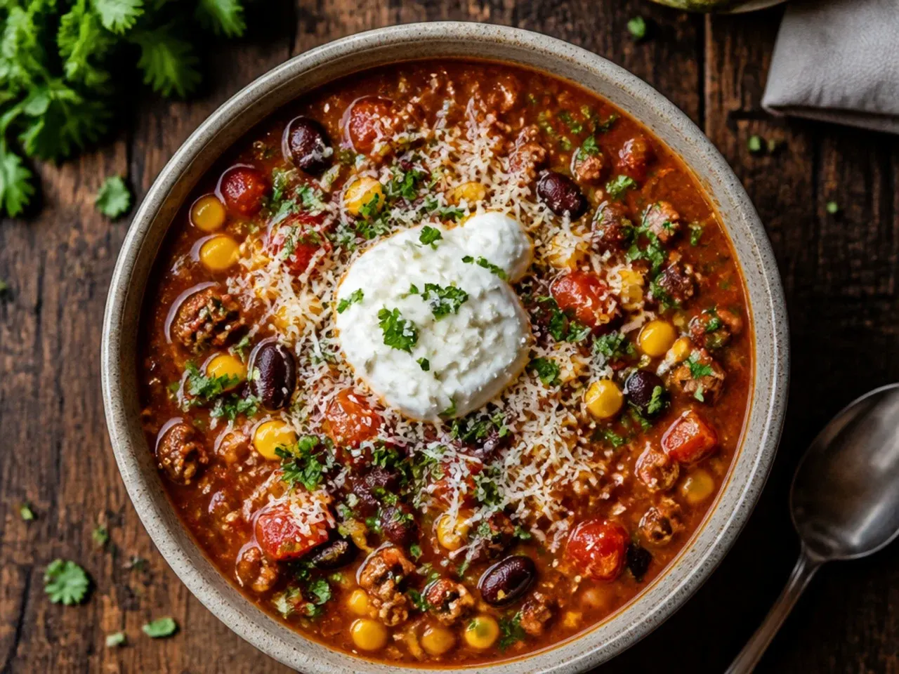 Extra-large slow cooker of taco soup set up for a party spread