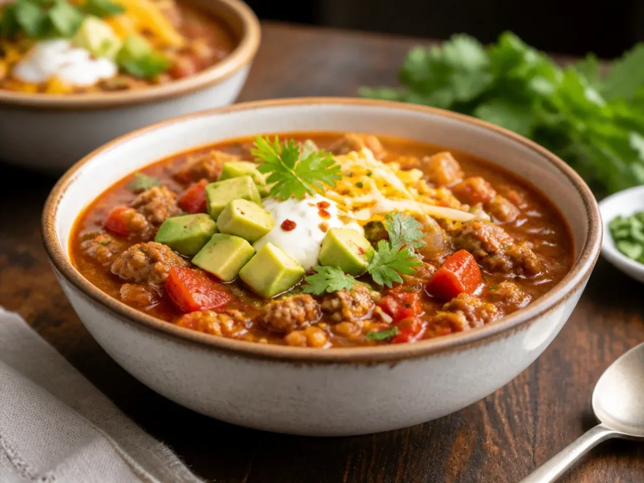 Bean-free high-protein taco soup with visible mince and peppers