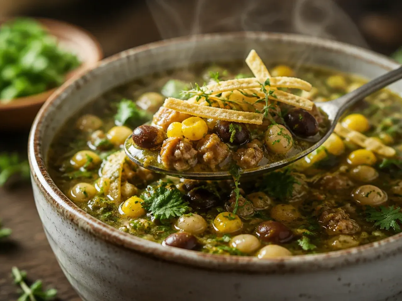 Green salsa verde taco soup with chicken and coriander garnish