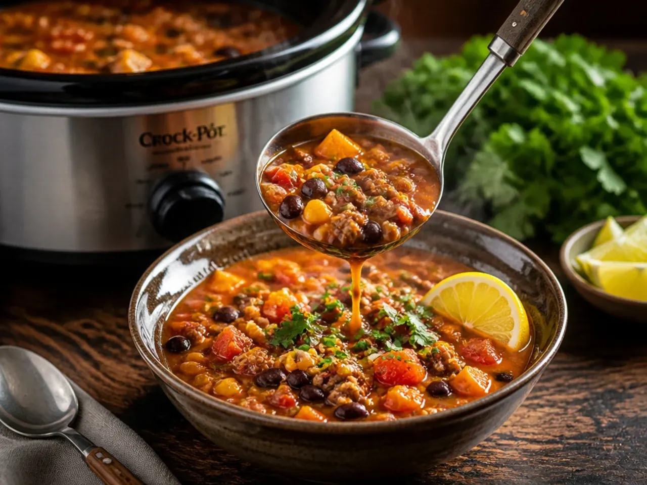 Pumpkin taco soup with an orange-tinted broth in a rustic bowl