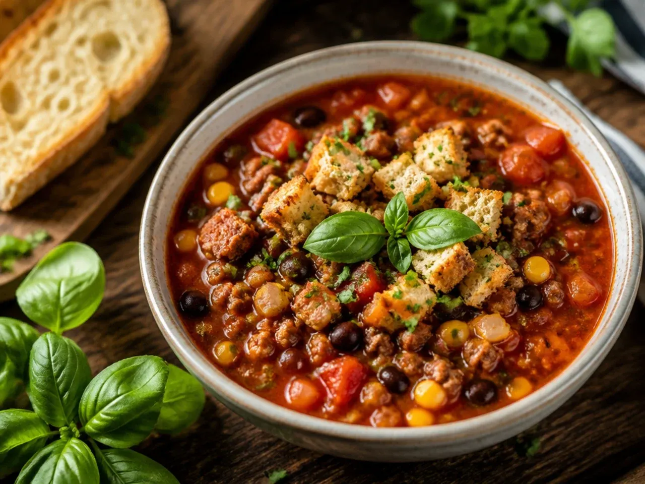 Bowl of taco soup made from leftover seasoned taco meat