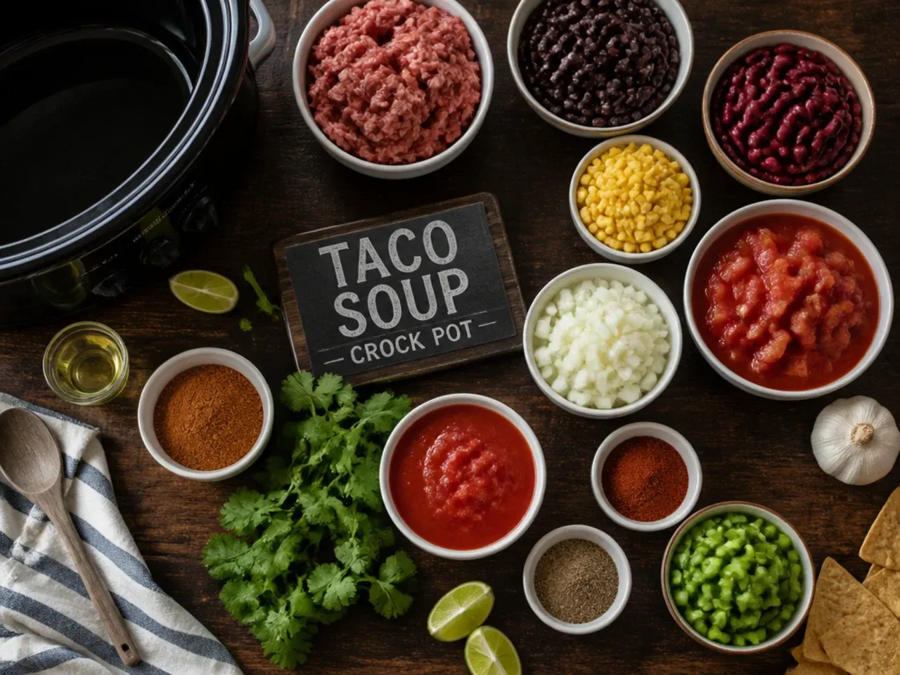Close-up of a hand lifting the slow cooker lid off simmering taco soup