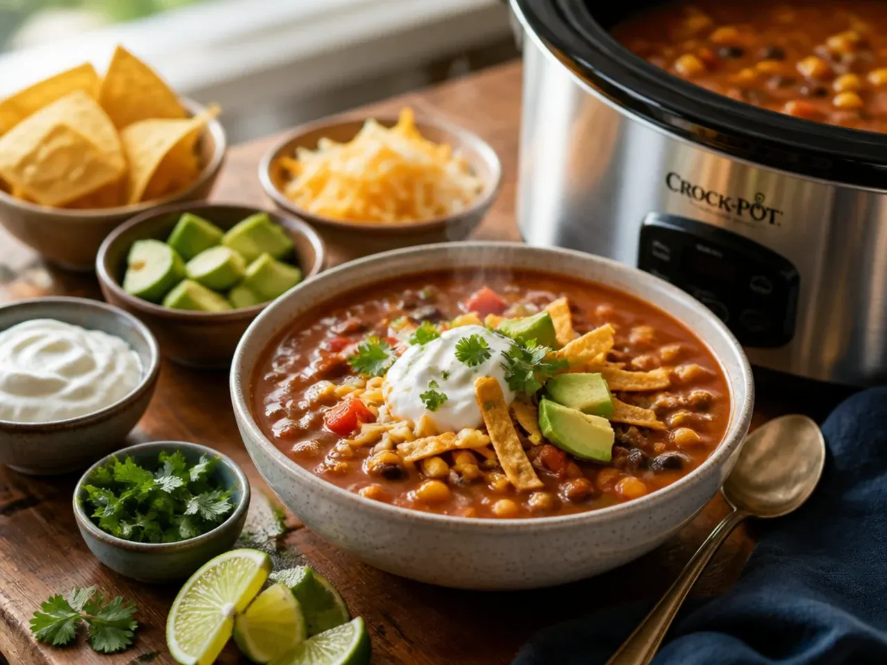 Bowl of taco soup fully topped and served with a lime wedge and cornbread on the side