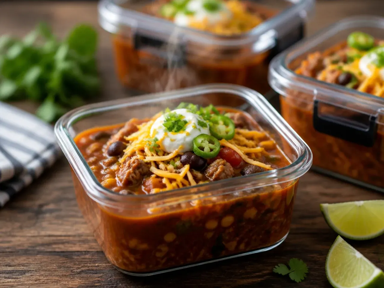 Portioned containers of taco soup ready for the fridge or freezer