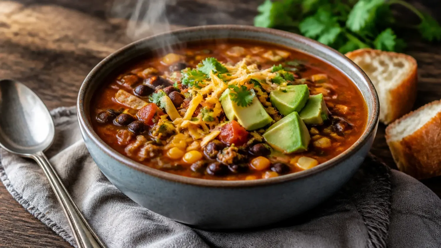 Overhead shot of a bowl of taco soup topped with shredded cheddar, sour cream, coriander and tortilla chips, with the full pot in the background.