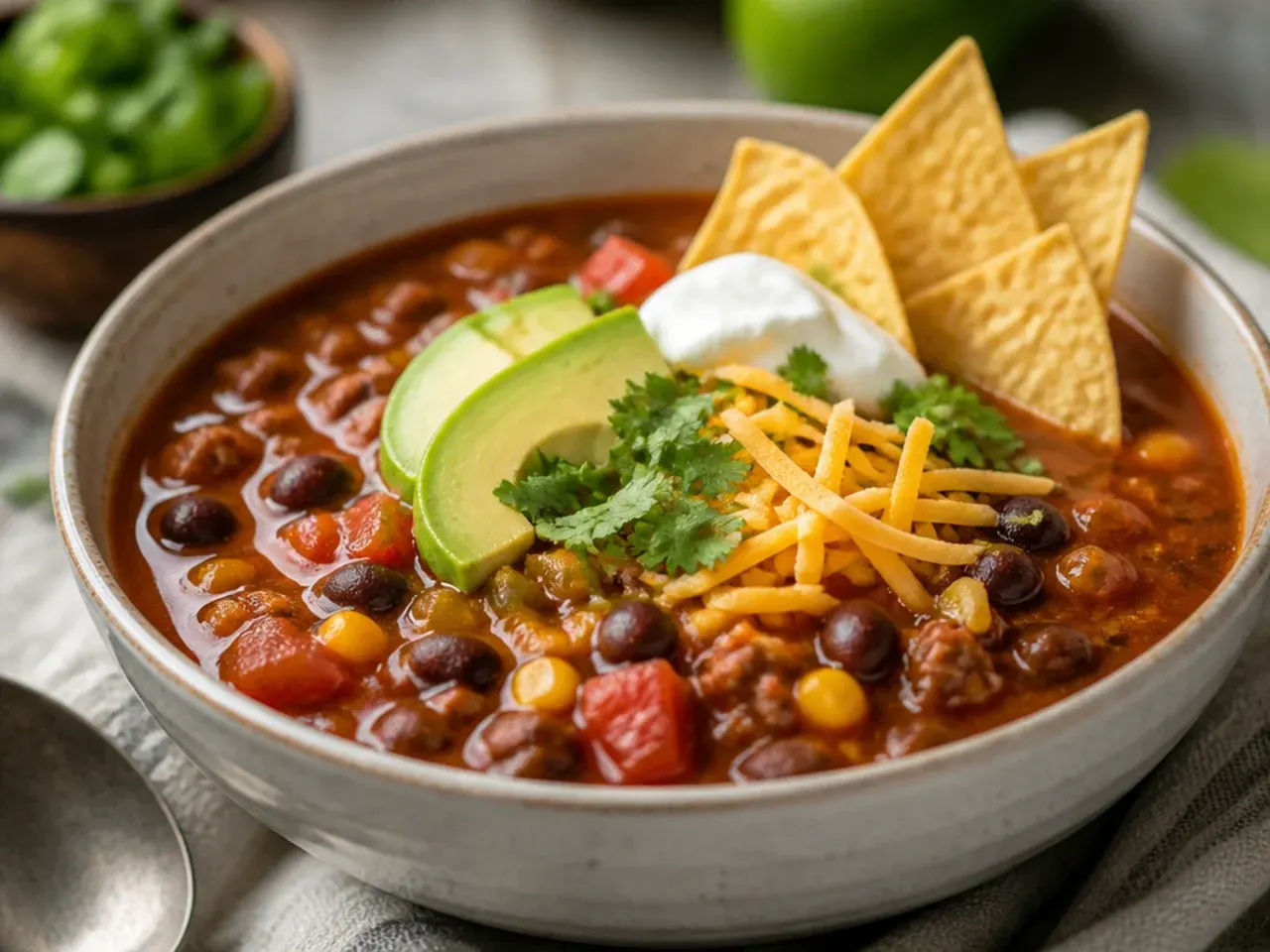 A steaming pot of taco soup on the stove, filled with beans, ground beef and tomatoes.