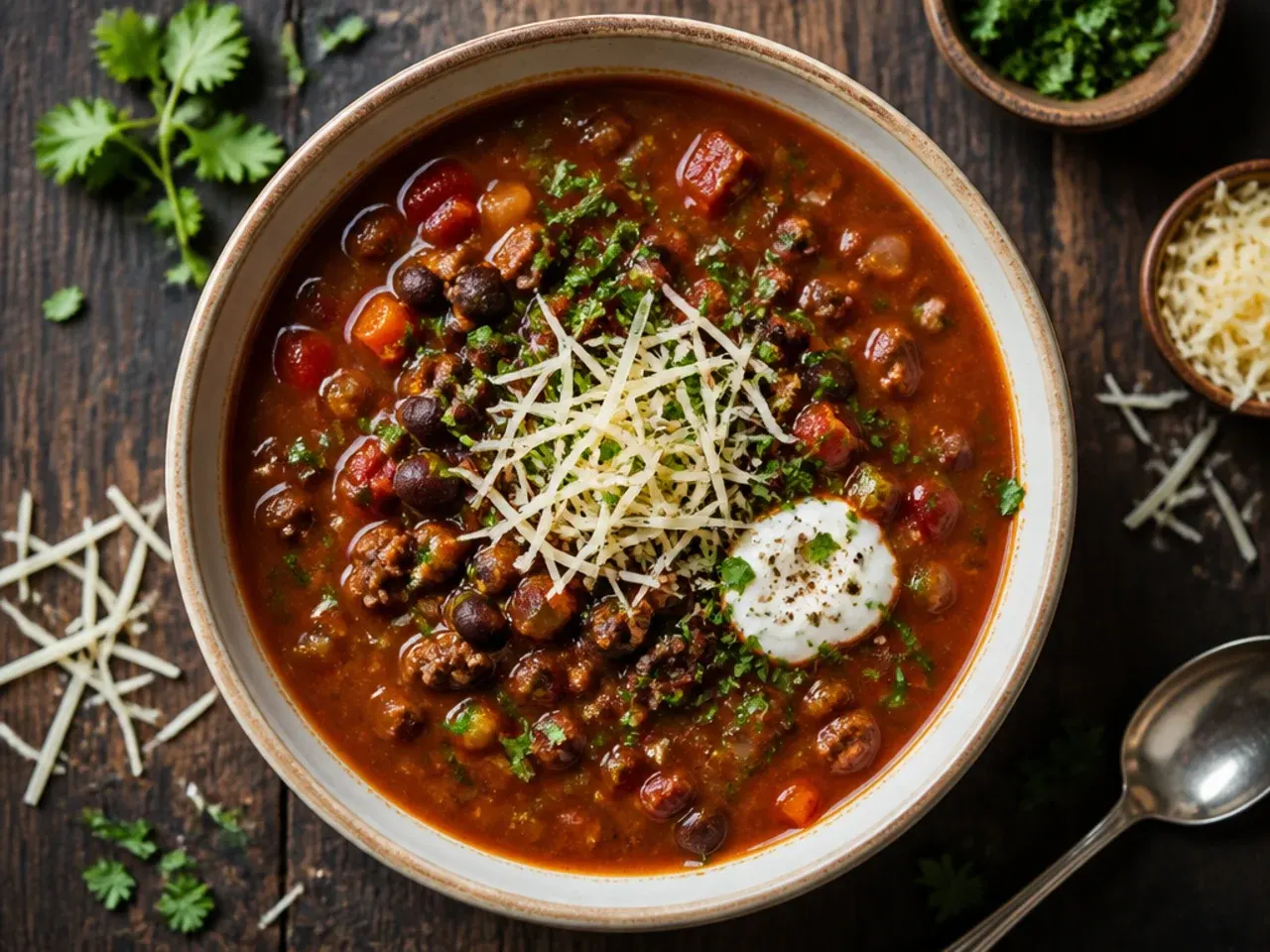 Close-up of classic beef and bean taco soup in a white bowl, garnished with cheese.