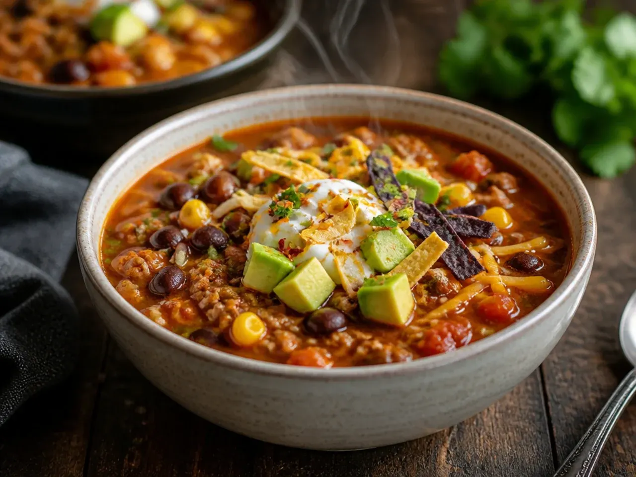A quick weeknight taco soup being ladled from a pot into a bowl.