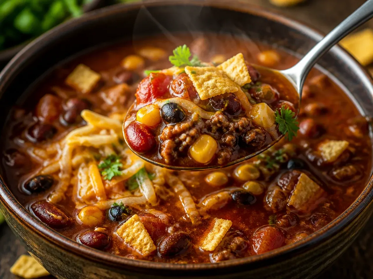Slow cooker filled with taco soup, lid resting beside it, steam rising.