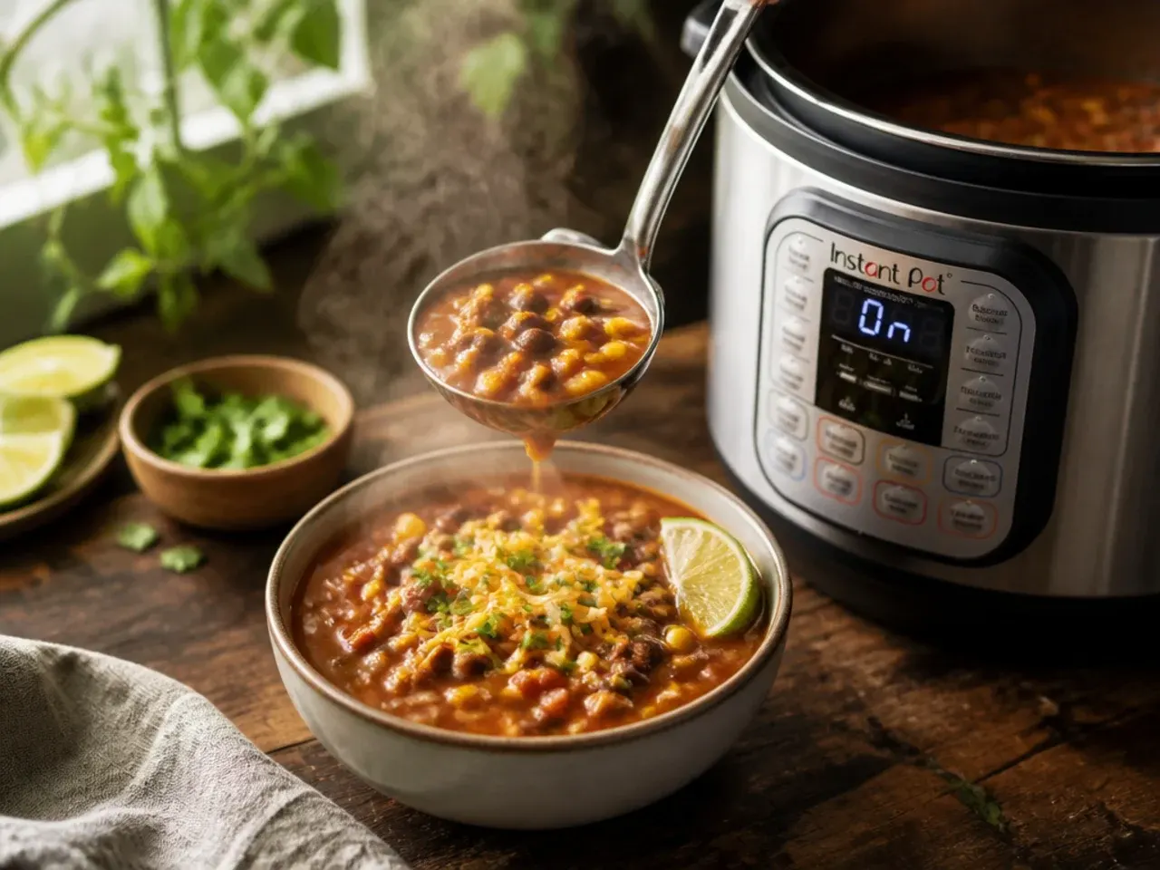 Open Instant Pot revealing finished taco soup with steam still rising.