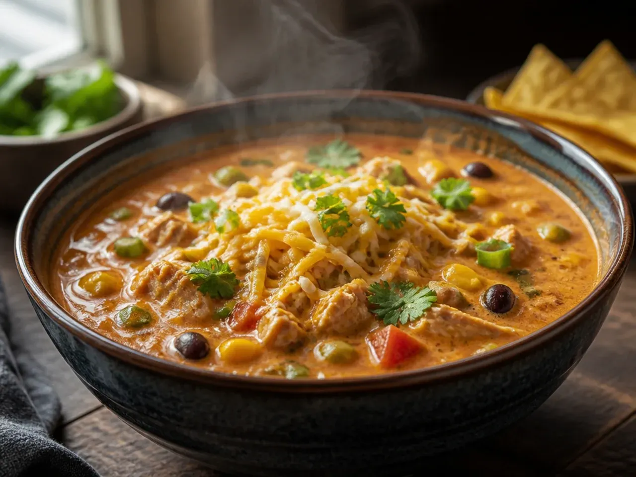 Creamy chicken taco soup in a bowl showing a thick, pale orange broth.