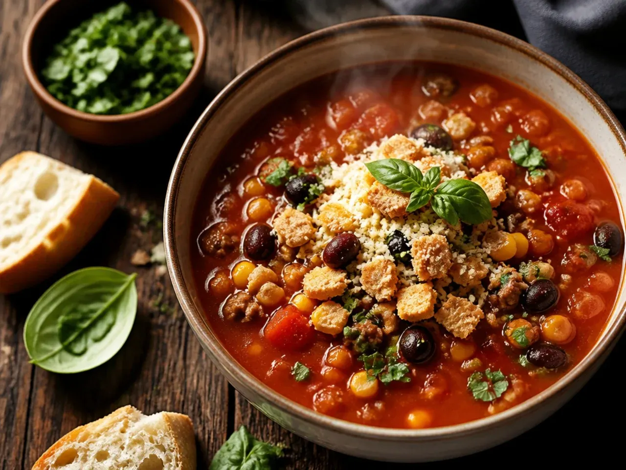 A simple five-ingredient taco soup in a rustic bowl on a wooden table.