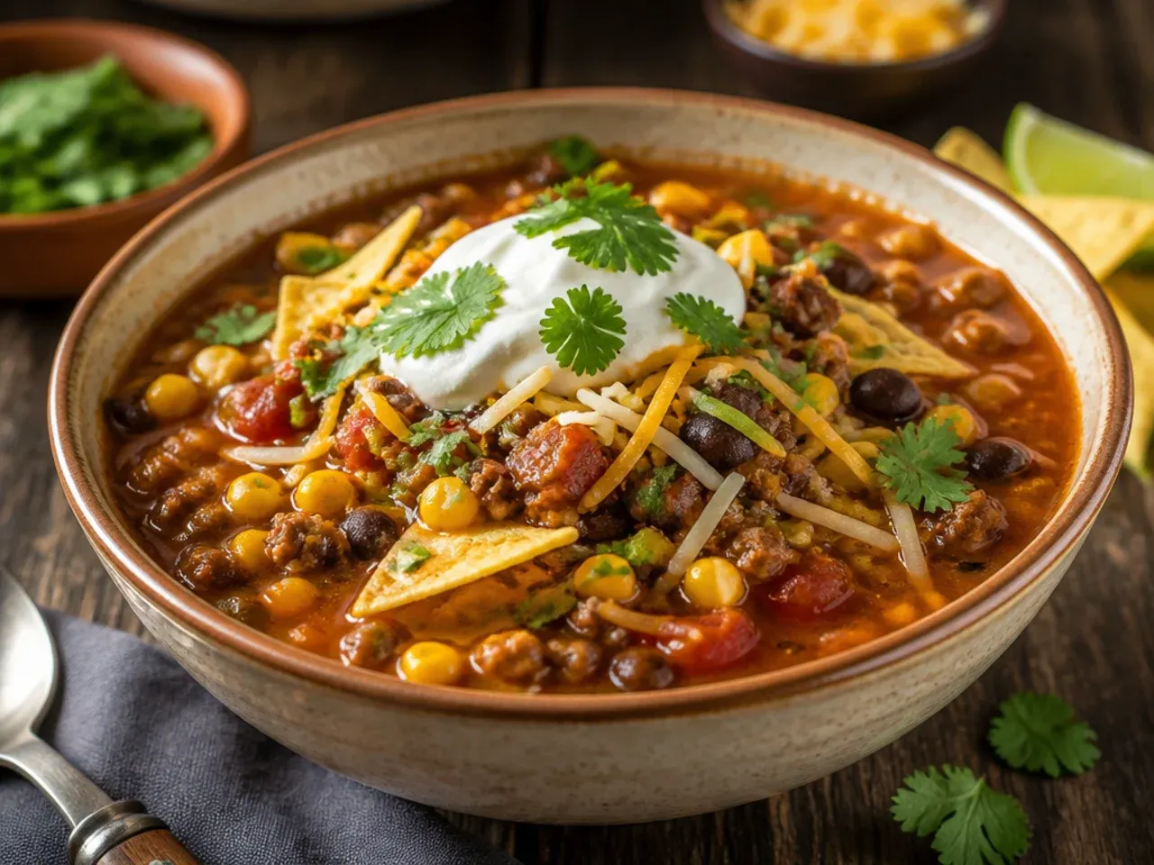 Cheesy taco soup with melted cheddar swirled through the broth.