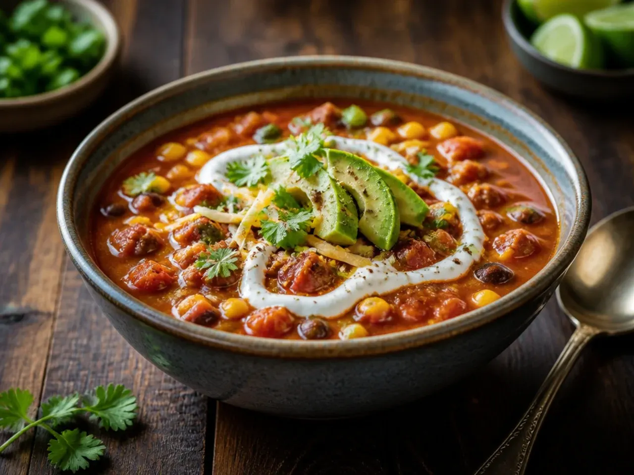 Bowl of turkey taco soup with hominy, topped with coriander.