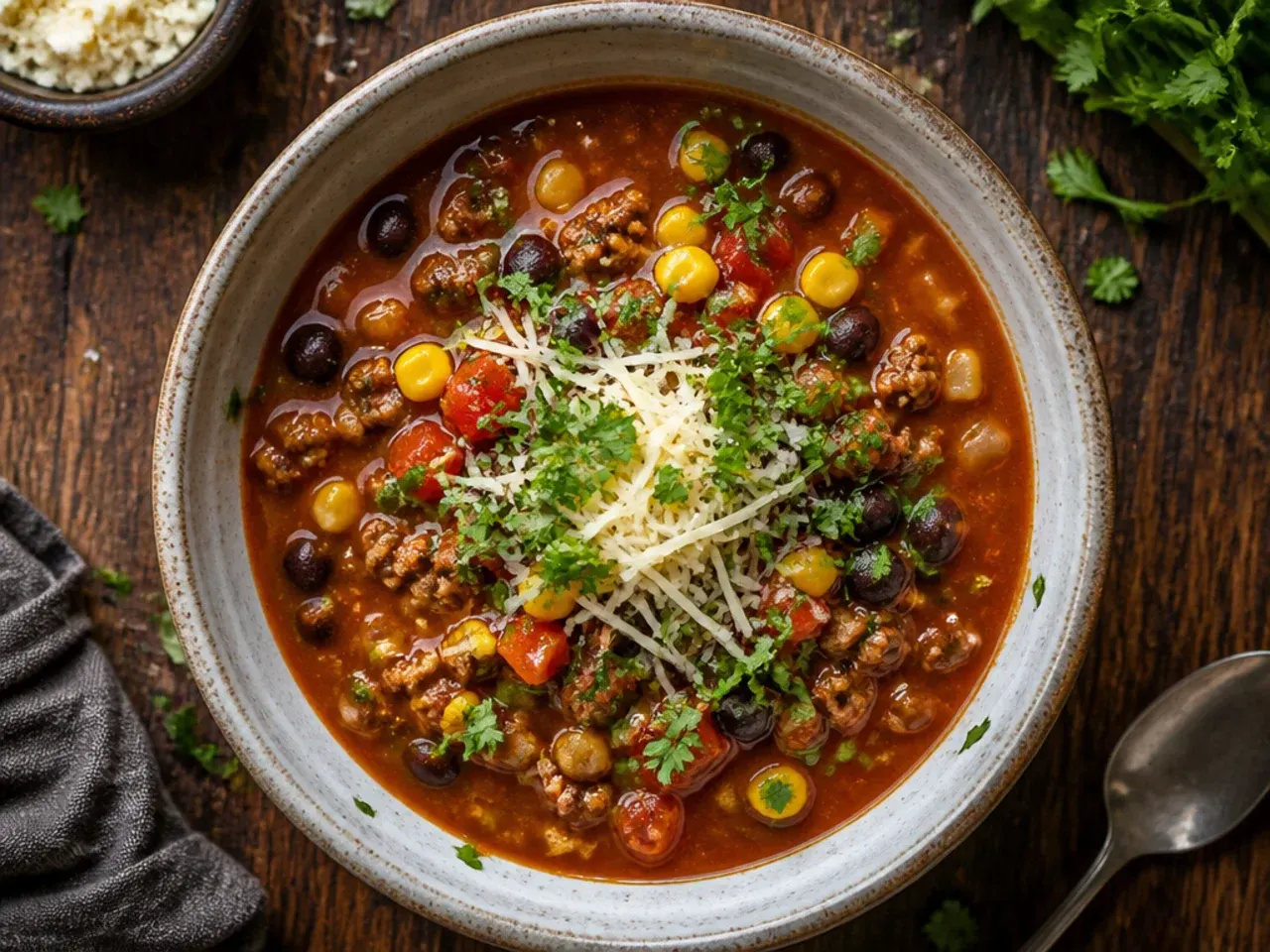 Simple budget taco soup made with pantry tins and frozen corn.