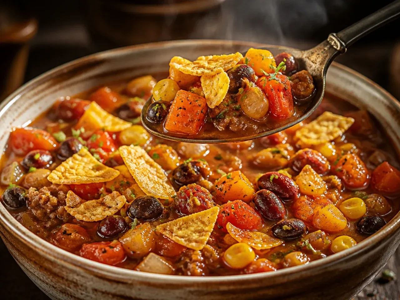 Chunky vegetable taco soup with visible bell peppers and courgette.