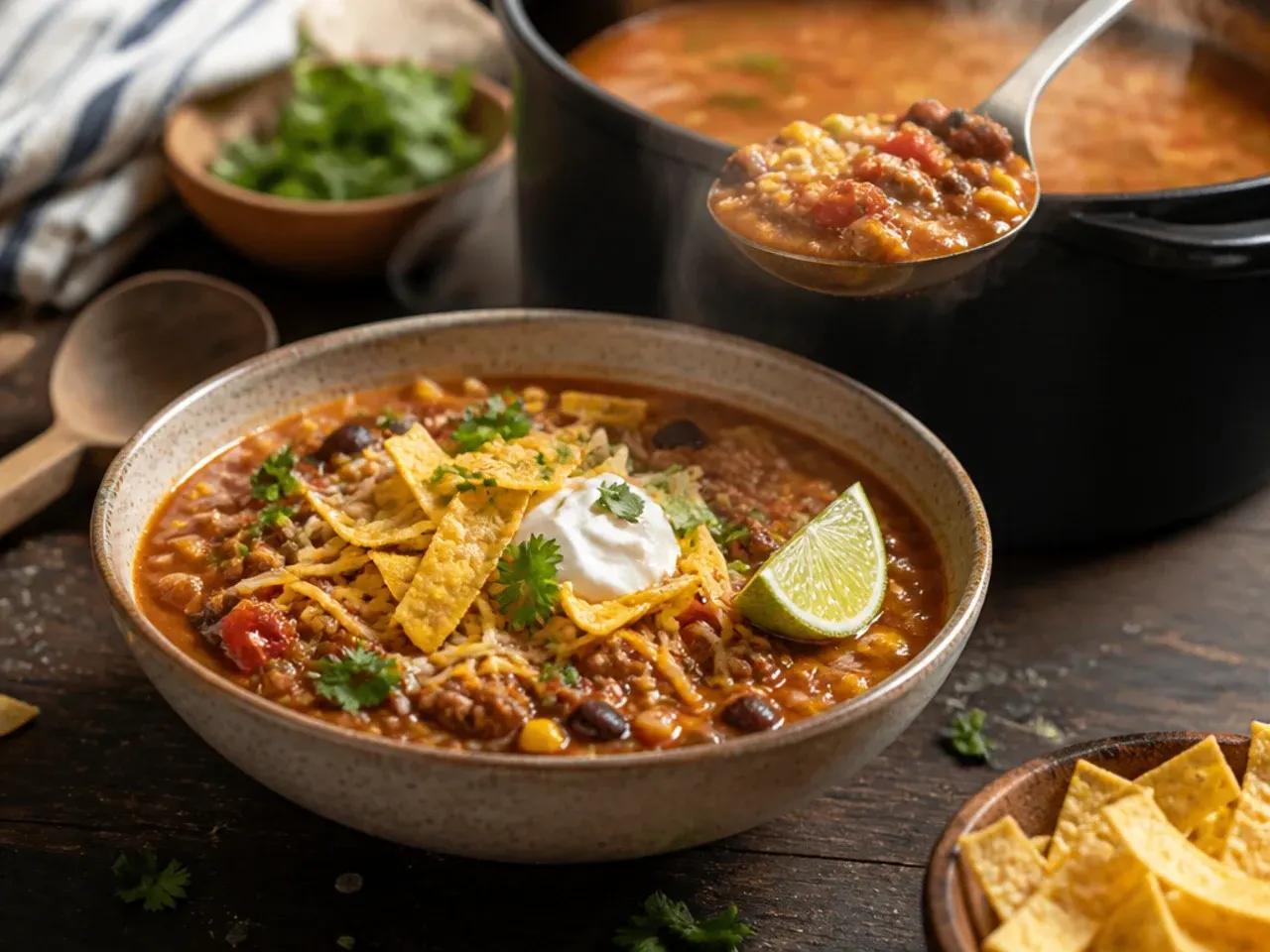 Nacho-style taco soup with a bubbling cheese and tortilla chip topping.