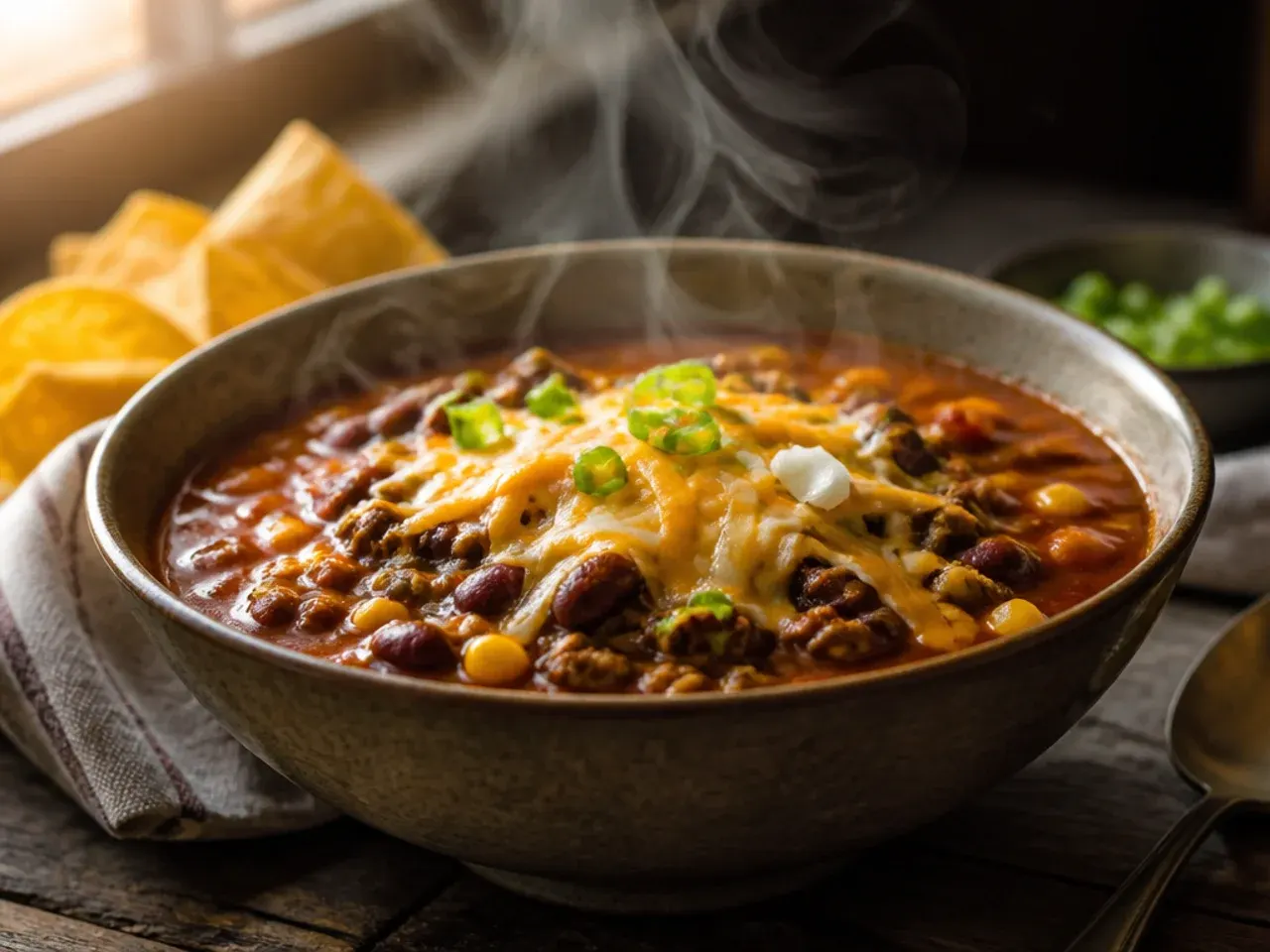 Large stockpot of family-size taco soup with a topping bar alongside.