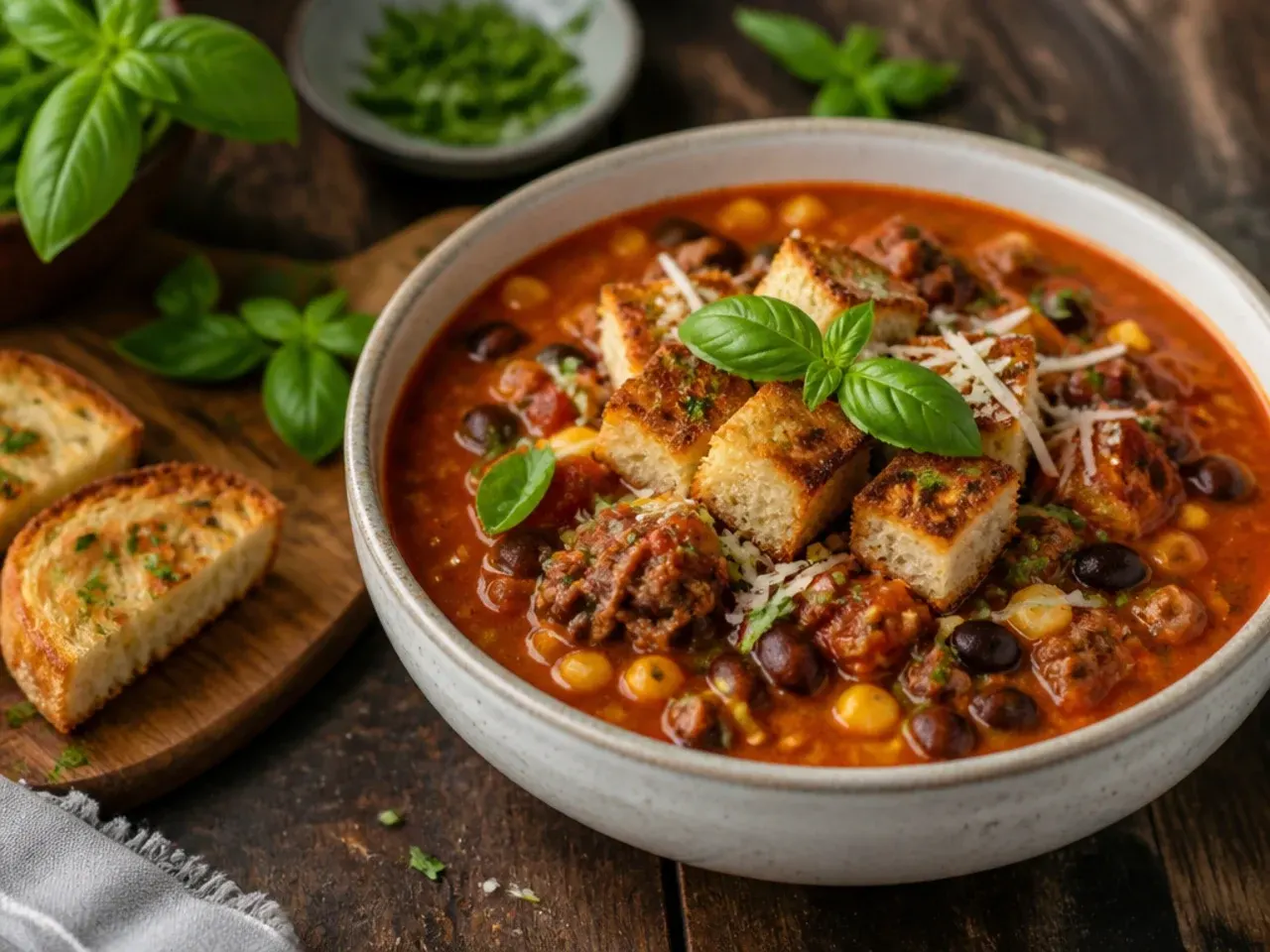 A rich, deeply seasoned bowl of the best-ever taco soup with lime wedge.