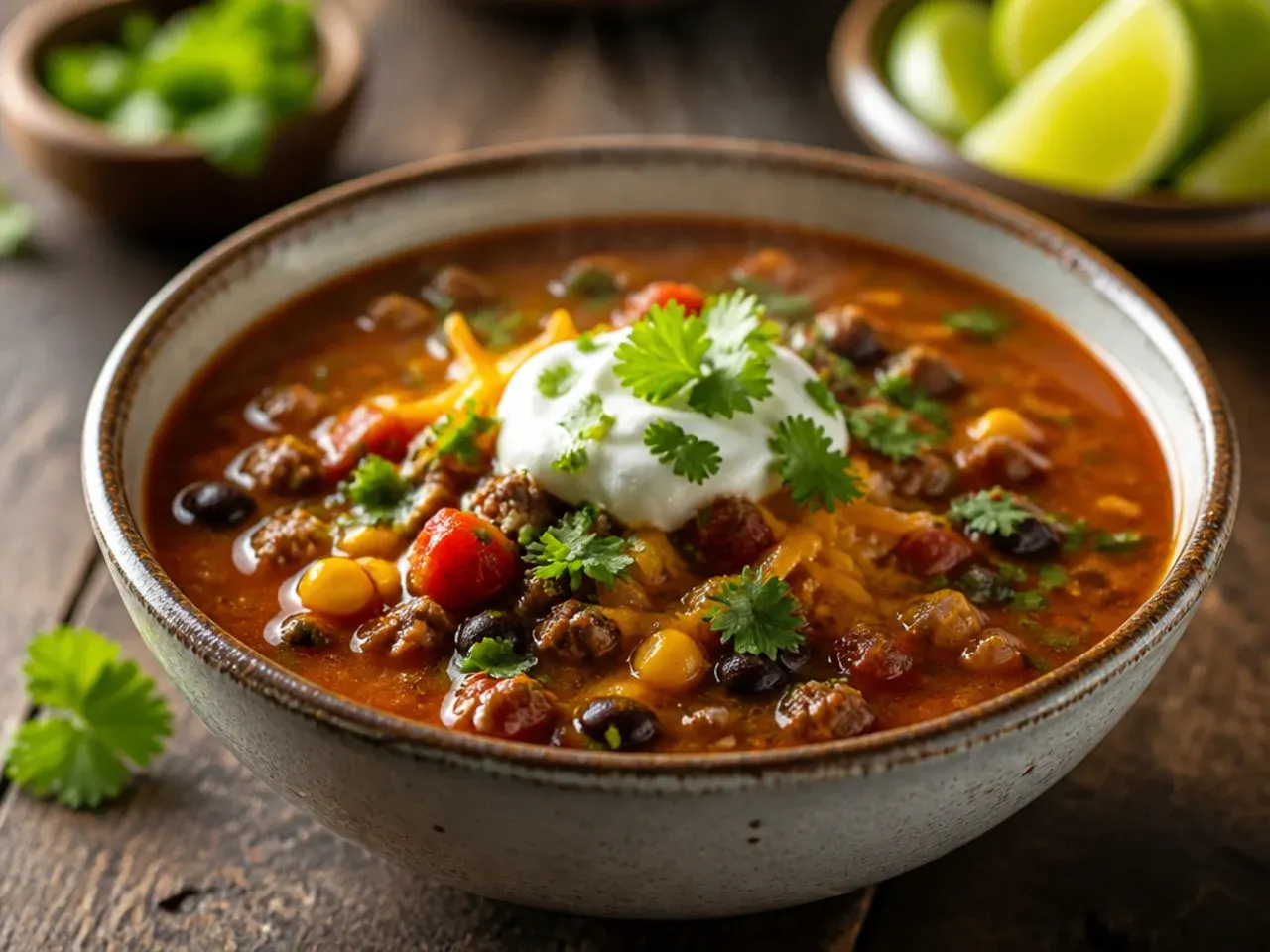 One-pot taco soup simmering in a Dutch oven with a wooden spoon resting on the rim.