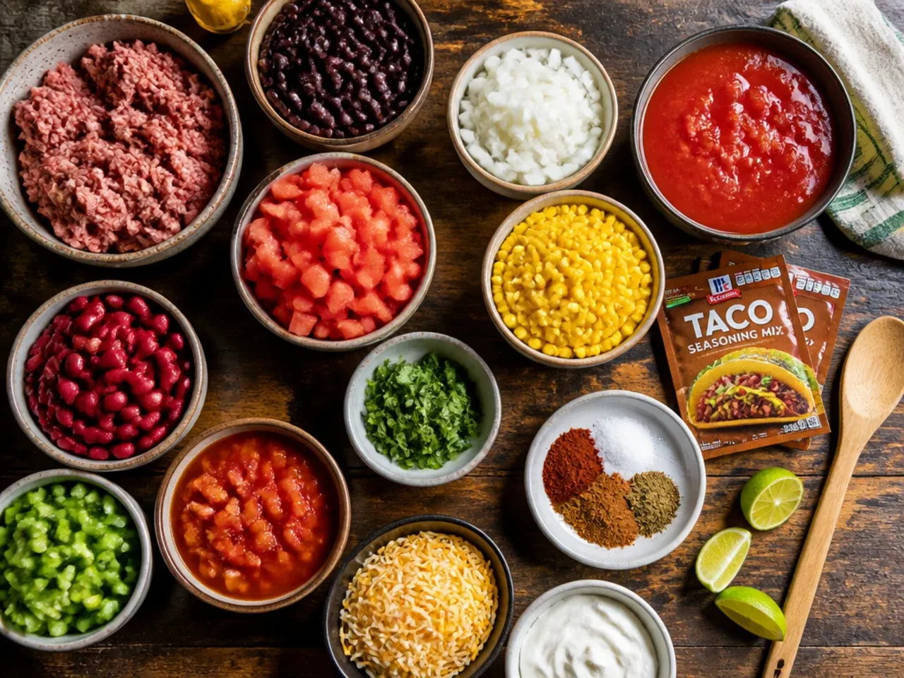 Close-up of a wooden spoon stirring taco soup, mashing beans against the pot.
