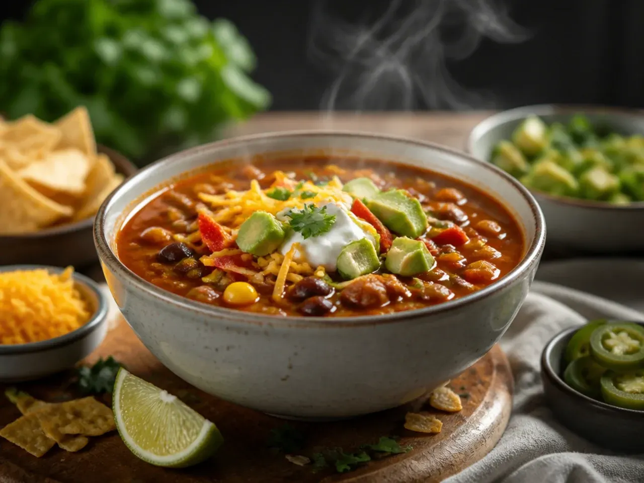 Taco soup toppings bar with cheese, avocado, lime and tortilla chips laid out.
