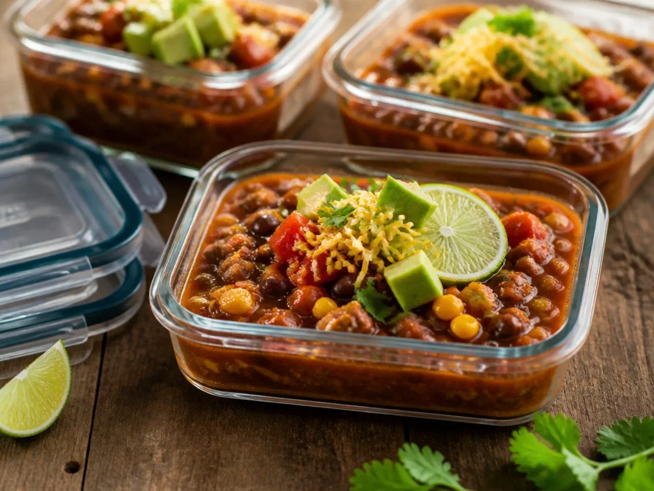 Airtight containers of taco soup portioned for the fridge and freezer.