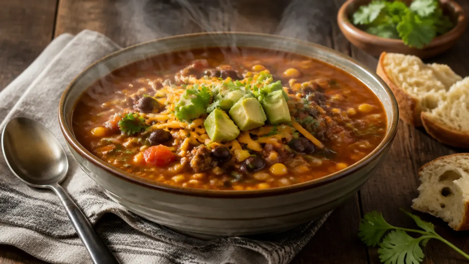Overhead view of a bowl of taco soup topped with melted cheddar, sour cream, lime and crushed tortilla chips, with the full pot in the background