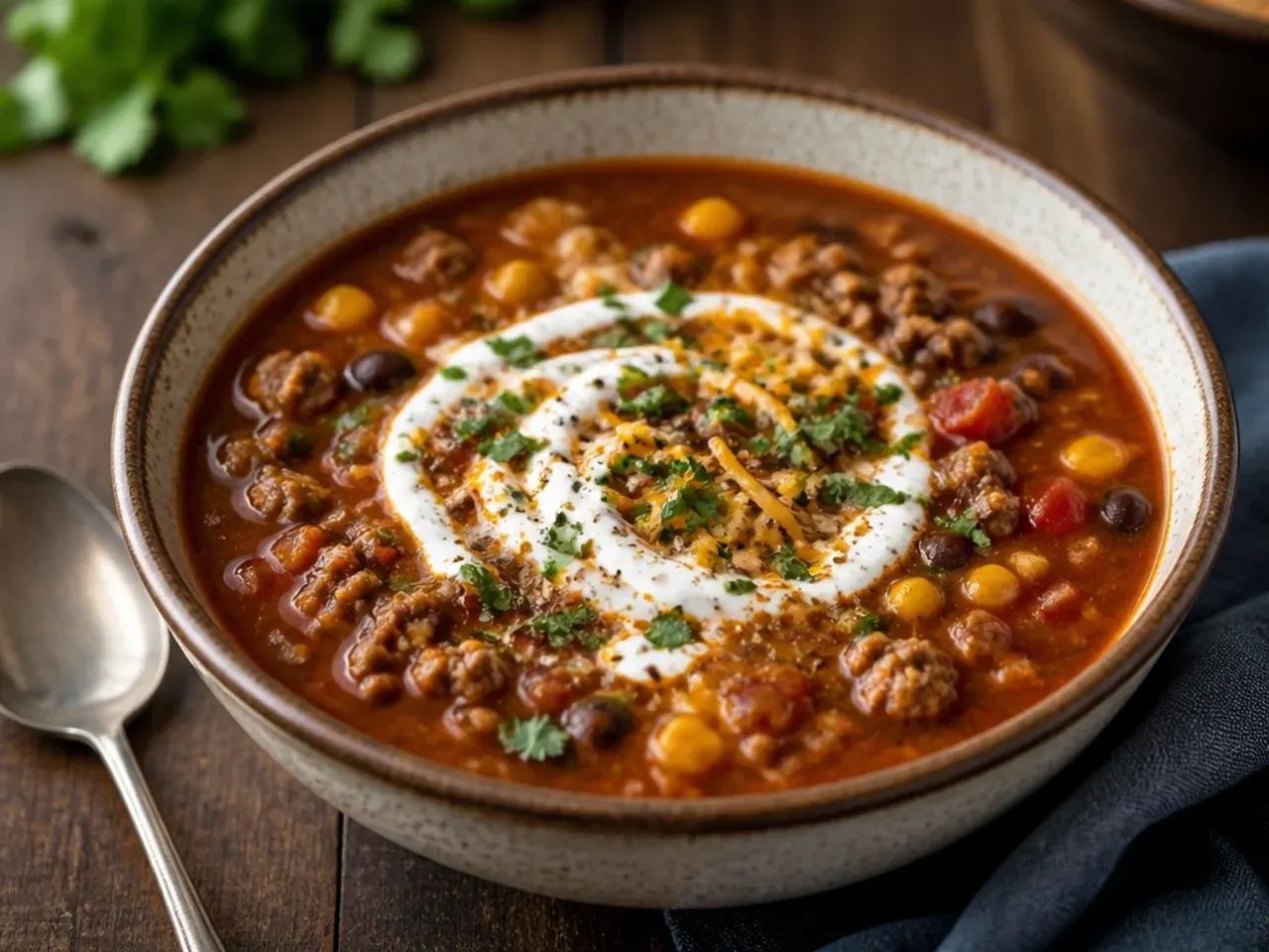 Overhead shot of canned tomatoes, sweetcorn and beans being tipped straight into a simmering pot of taco soup