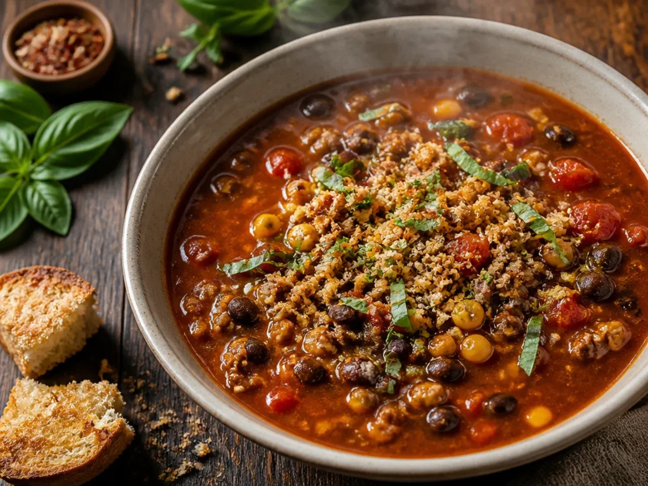 Stock being poured from a jug into a pot of taco soup with beans and tomatoes