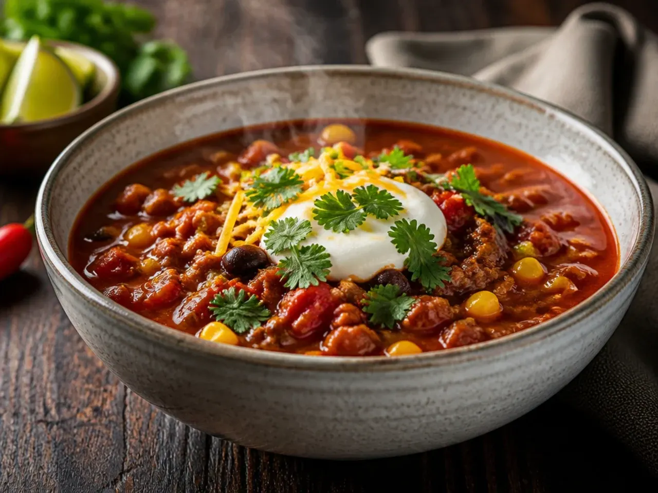 Taco soup gently simmering in a pot with a wooden spoon resting on the edge