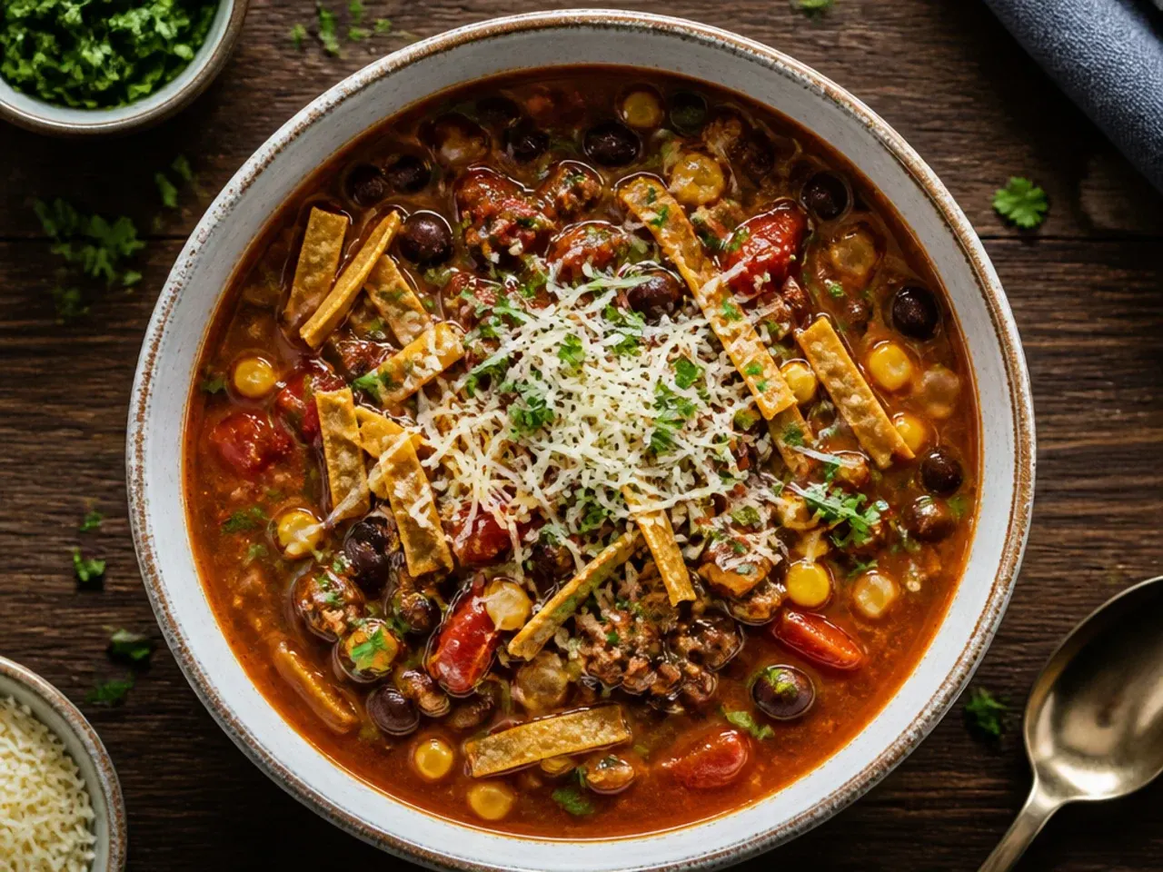 Tasting a spoonful of taco soup straight from the pot before final seasoning